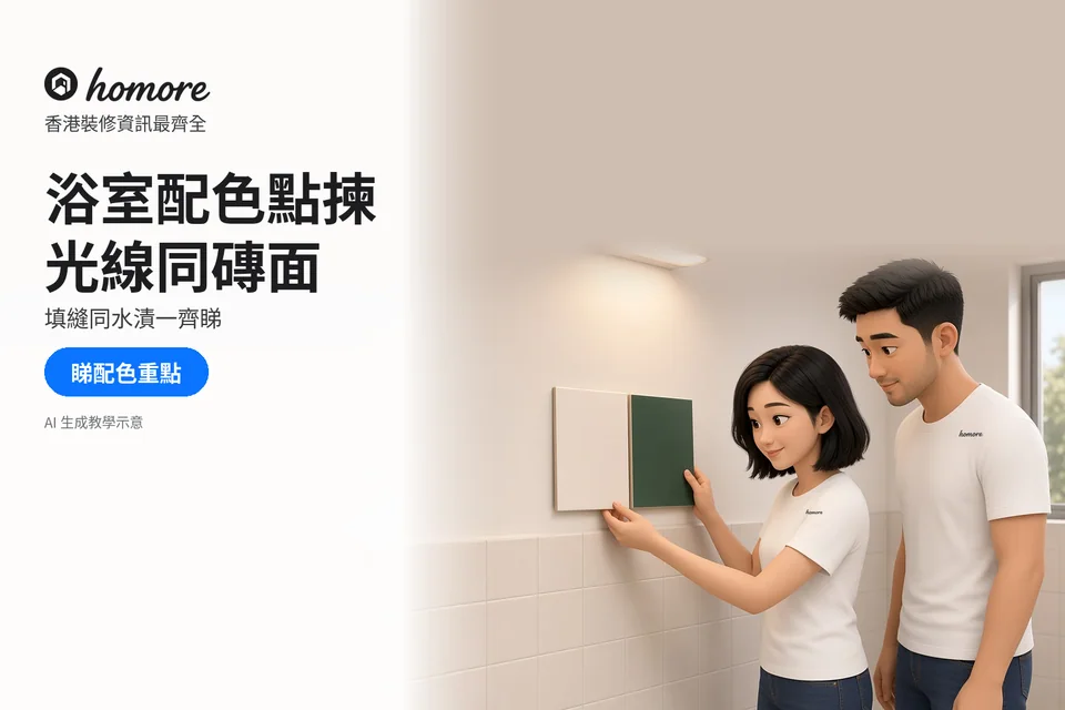 兩位住戶在浴室牆上比較米白與深綠色物料樣板;封面標題:浴室配色點揀,光線同磚面