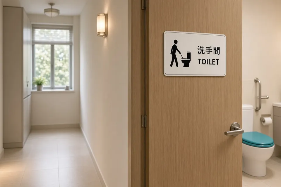 長者家中的浴室門貼著清楚的圖案標示,座廁座板是對比色,走廊有夜燈,客廳保留舊傢俬。