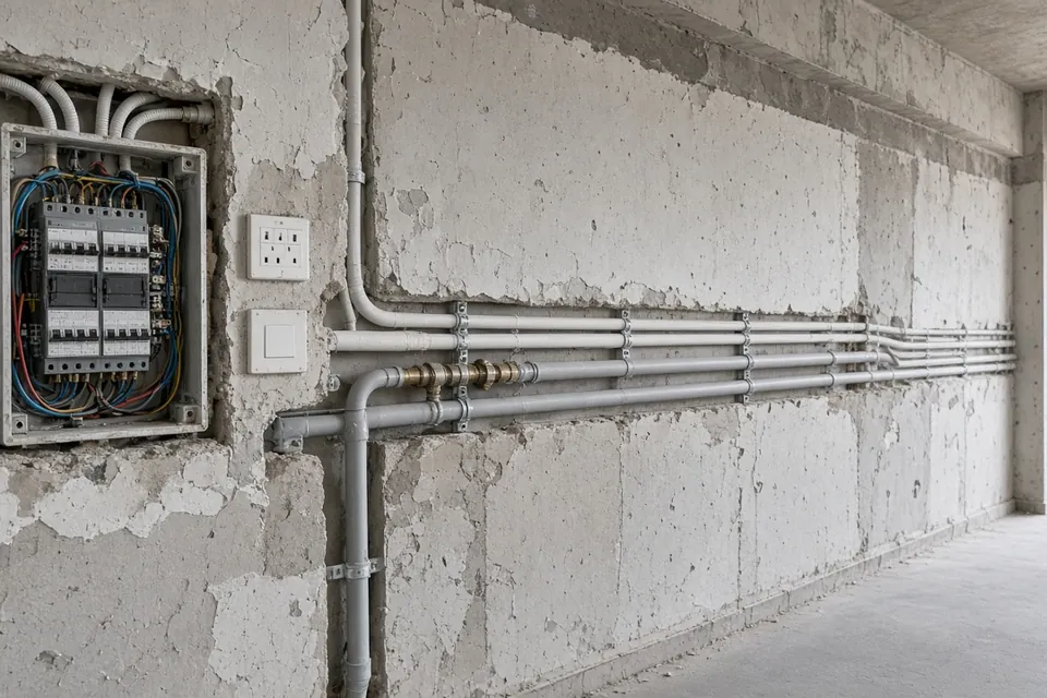 牆身開坑後露出新電線喉和水喉,旁邊放著電箱和插座面板,工人正在標記位置。