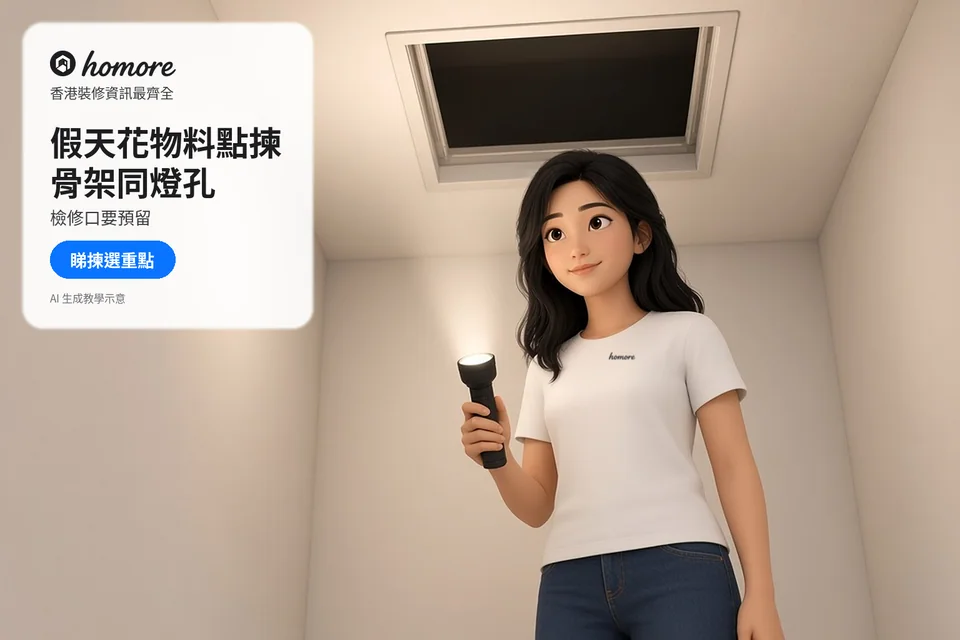 住戶拿電筒查看假天花檢修口及內部空間;封面標題:假天花物料點揀,骨架同燈孔