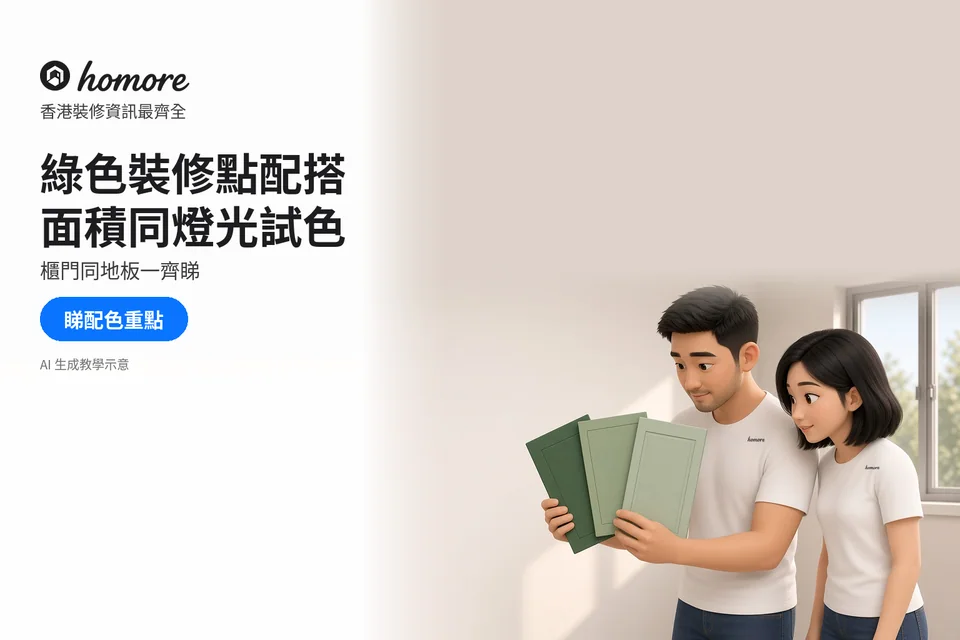 兩位住戶在窗邊比較深綠與淺綠色櫃門樣板;封面標題:綠色裝修點配搭,面積同燈光試色