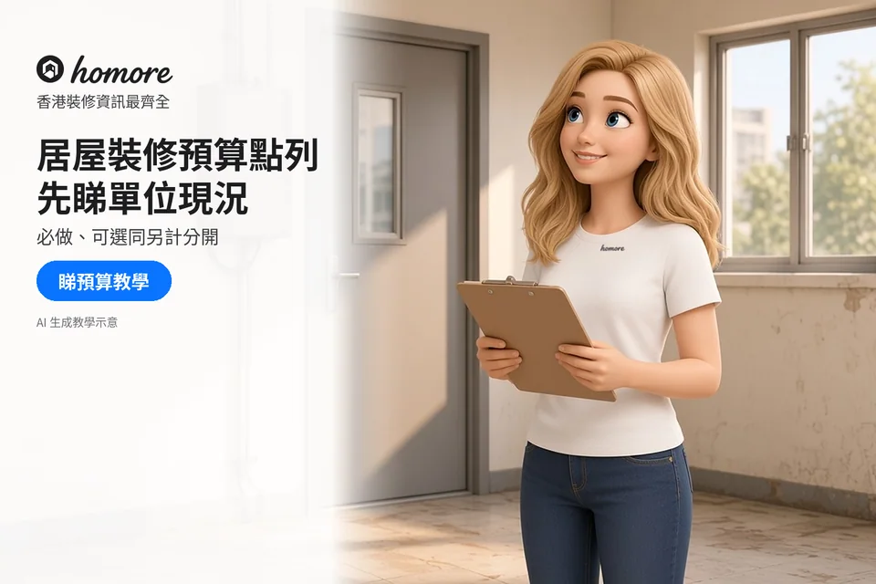 住戶拿資料板查看舊單位電箱與牆面現況,整理居屋裝修預算;封面標題:居屋裝修預算點列,先睇單位現況