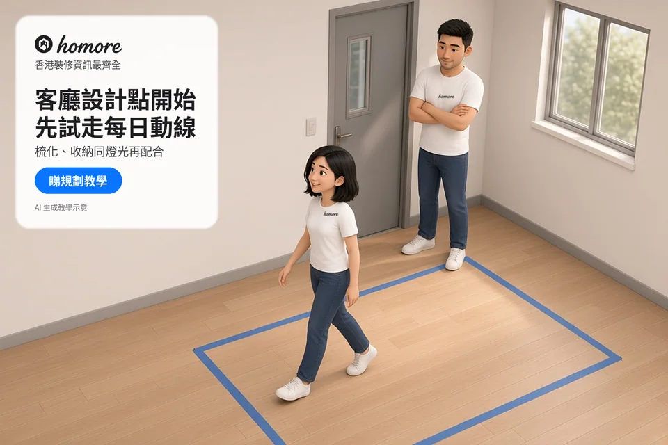 兩位住戶沿客廳地面藍色膠帶標示測試活動動線;封面標題:客廳設計點開始,先試走每日動線