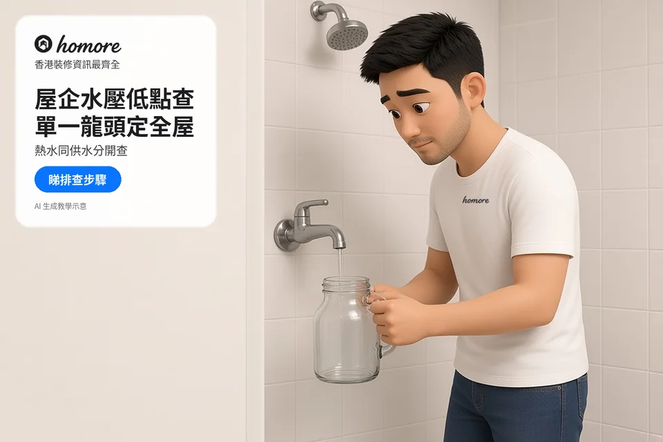 住戶在浴室水龍頭下用透明水壺觀察細小水流;封面標題:屋企水壓低點查,單一龍頭定全屋