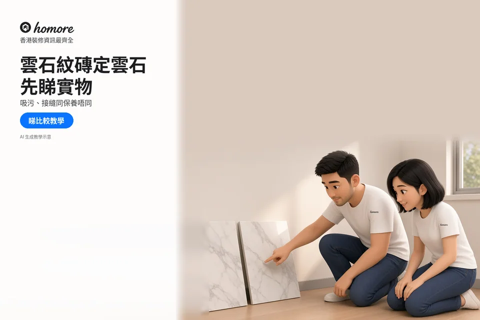 兩位住戶比較雲石紋物料樣板的色澤與紋理;封面標題:雲石紋磚定雲石,先睇實物