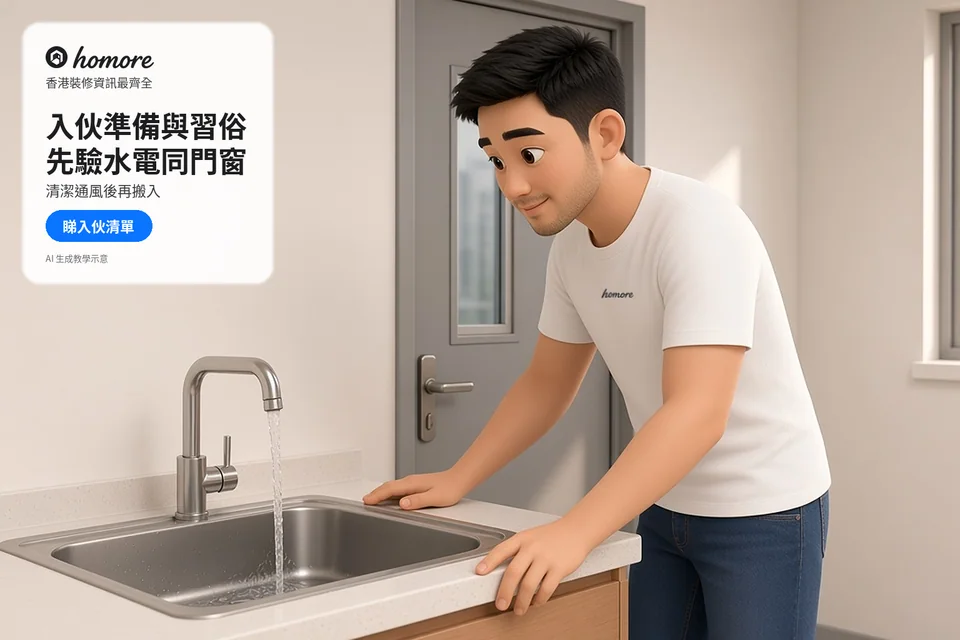 住戶在入伙前查看星盆出水與檯面狀況;封面標題:入伙準備與習俗,先驗水電同門窗