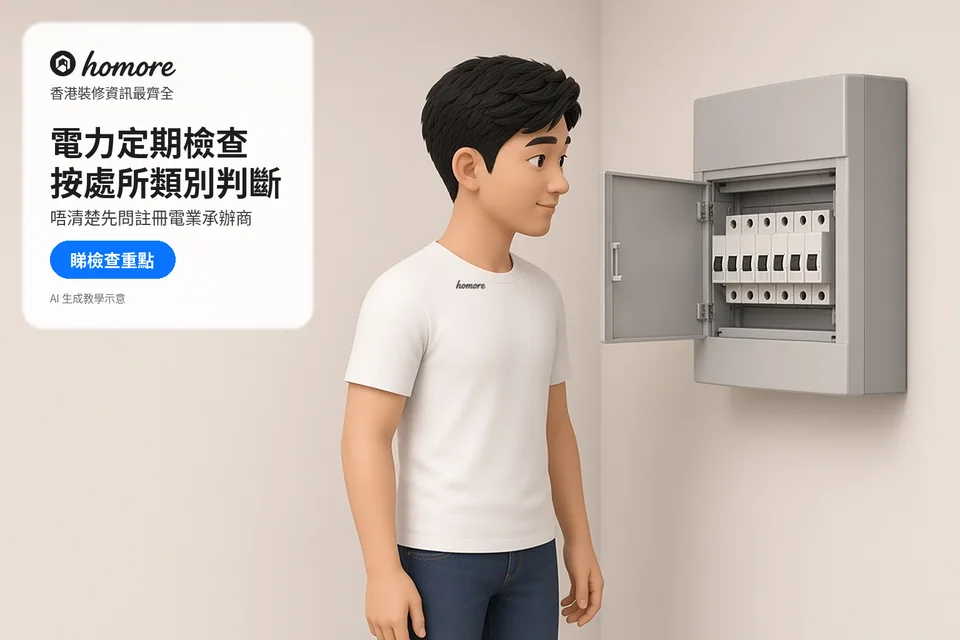 住戶在配電箱旁查看斷路器面板與檢查位置；封面標題：電力定期檢查，按處所類別判斷