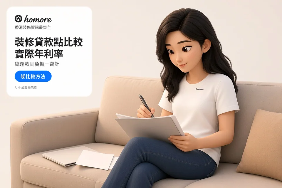住戶在梳化上對照文件與資料板,整理裝修貸款比較需要;封面標題:裝修貸款點比較,實際年利率