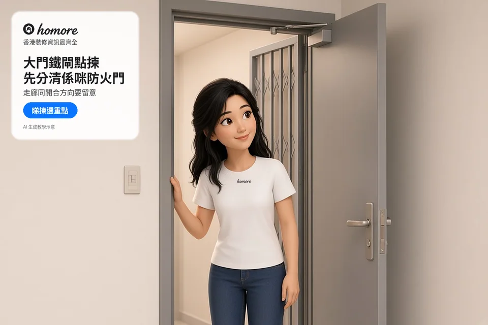 住戶查看大門與鐵閘開合、門鉸及閉門器位置;封面標題:大門鐵閘點揀,先分清係咪防火門