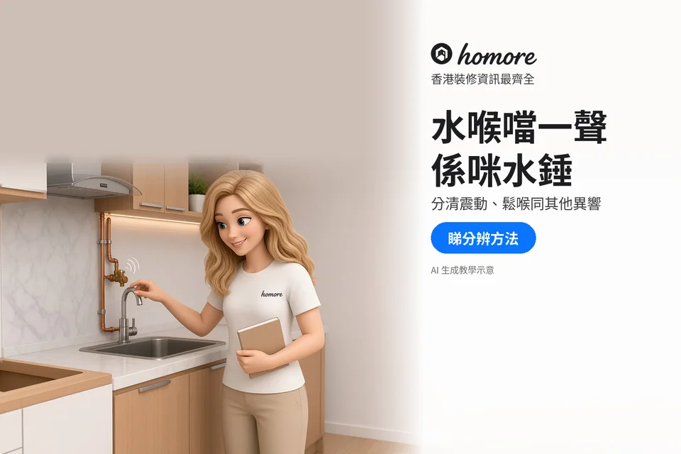 住戶喺廚房關水掣,留意牆身銅供水喉同固定碼,手持筆記簿記錄異響;封面標題:水喉噹一聲,係咪水錘
