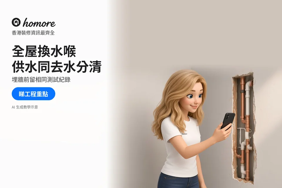 住戶拍攝牆內已露出的供水與去水喉管,記錄換喉範圍;封面標題:全屋換水喉,供水同去水分清