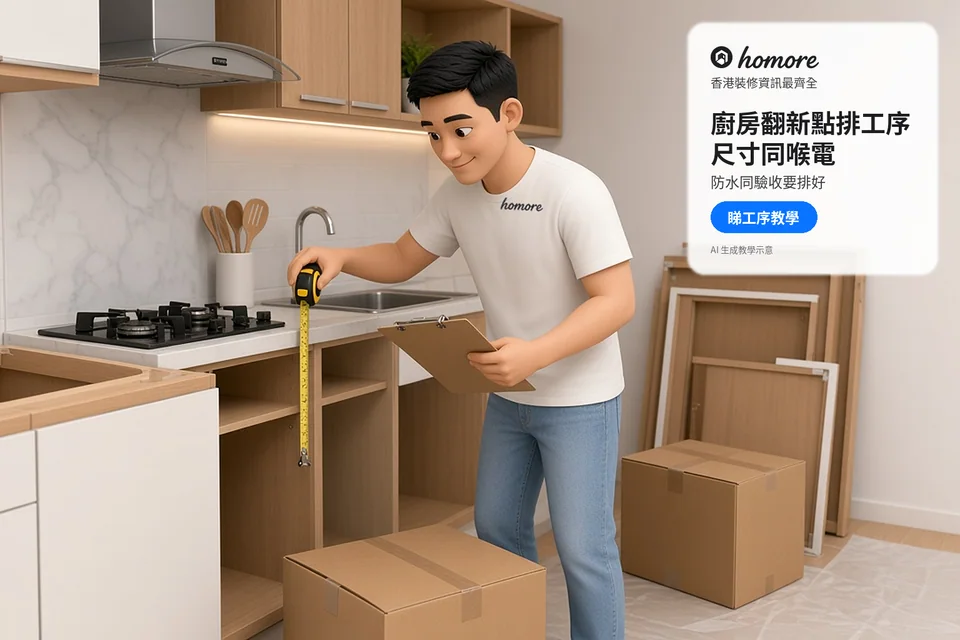 住戶手持清單同拉尺,核對翻新廚房嘅櫃底空間,旁邊有拆下嘅櫃門同紙箱;封面標題:廚房翻新點排工序,尺寸同喉電