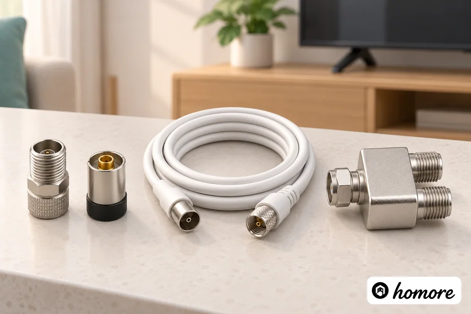 入牆電視插座接頭、同軸線圈與一分二分配器對照圖，避免裝修師傅將分配器封死喺無檢修口嘅假天花內