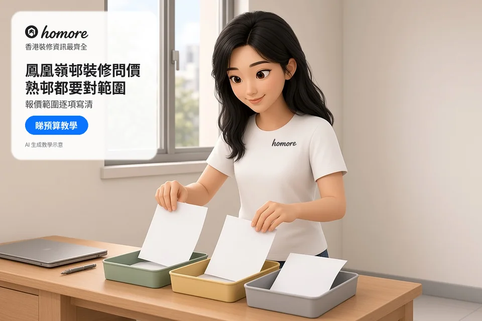 住戶將報價紙分入三個唔同顏色嘅托盤;封面標題:鳳凰嶺邨裝修問價,熟邨都要對範圍
