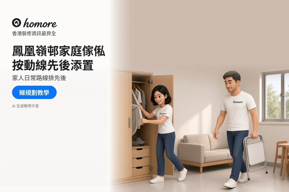 兩位住戶試開衣櫃門,並拎摺櫈檢查傢俬之間嘅通道;封面標題:鳳凰嶺邨家庭傢俬,按動線先後添置