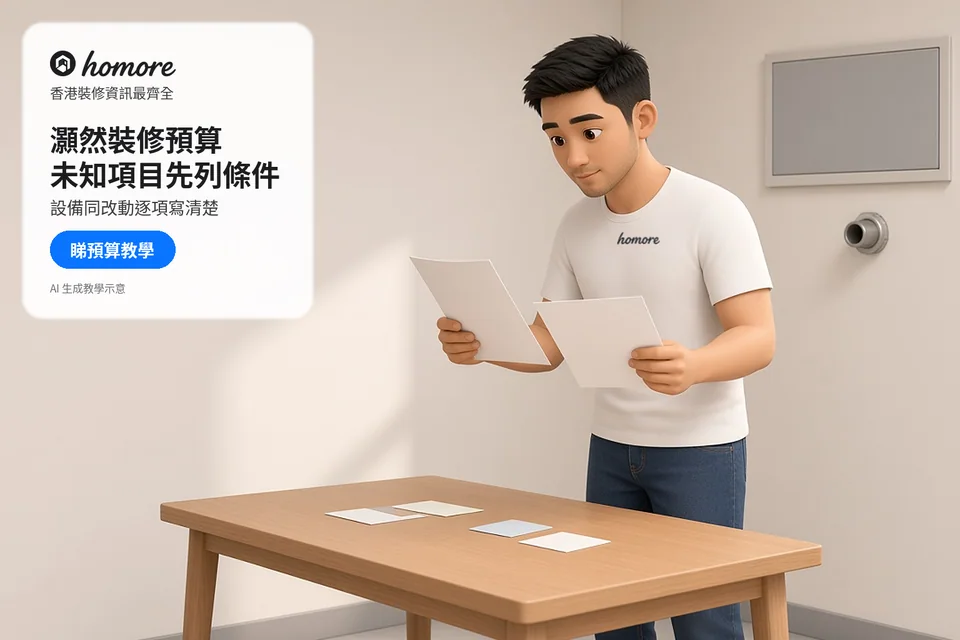 男子以空白文件與分類卡片整理裝修預算範圍;封面標題:灝然裝修預算,未知項目先列條件