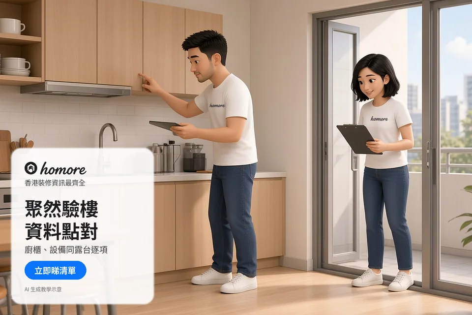 男女以平板和清單記錄廚櫃及窗邊觀察;封面標題:聚然驗樓,資料點對