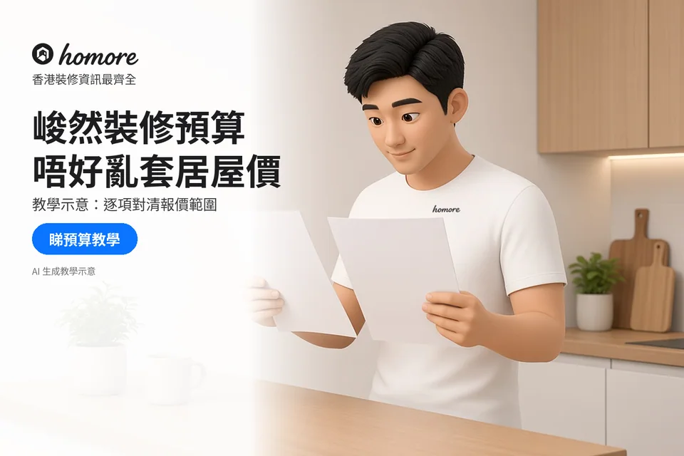 成年住戶喺枱邊比較兩張空白工程資料;封面標題:峻然裝修預算,唔好亂套居屋價