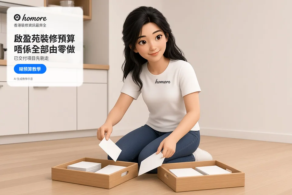 成年女住戶將空白資料卡分放兩個木托盤;封面標題:啟盈苑裝修預算,唔係全部由零做
