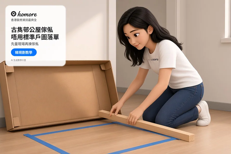 住戶喺地面用紙膠帶標出傢俬佔位,手持木條核對空間;封面標題:古雋邨公屋傢俬,唔用標準戶圖落單