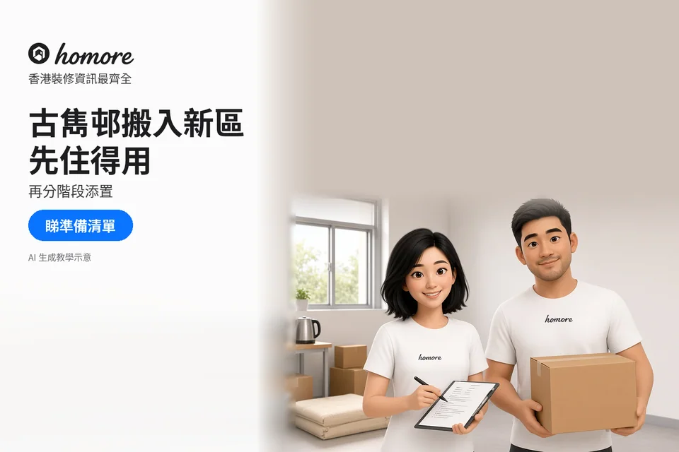 兩位成人喺泛用細單位整理搬屋紙箱同入伙清單;封面標題:古雋邨搬入新區,先住得用