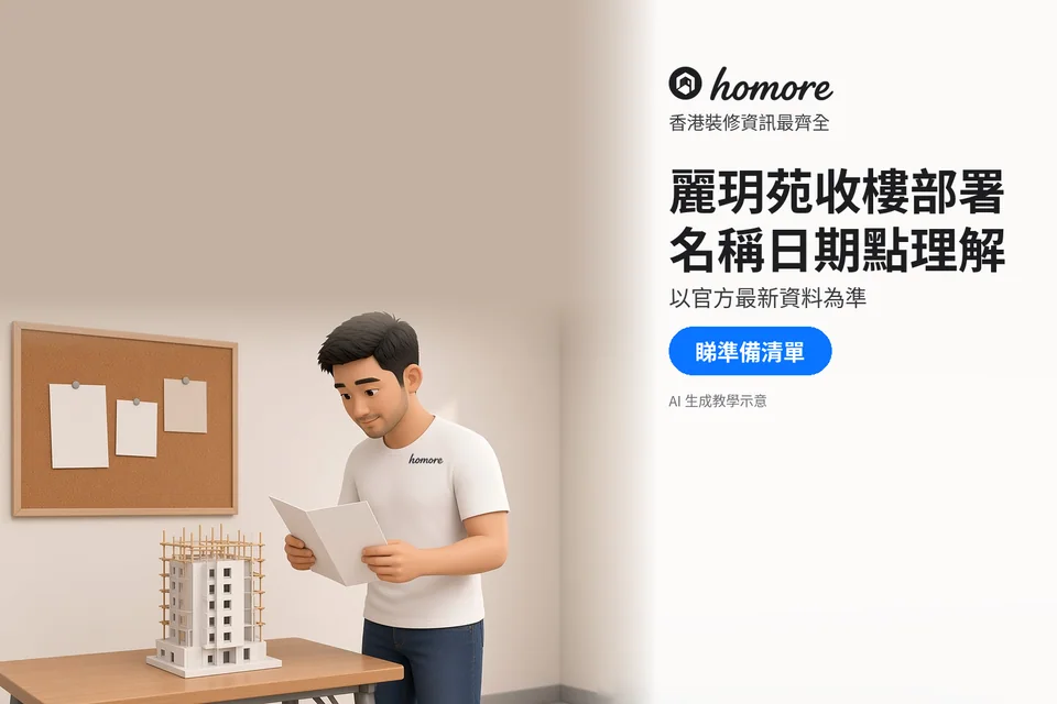 住戶手持資料單張,枱面有帶棚架嘅泛用樓宇模型;封面標題:麗玥苑收樓部署,名稱日期點理解