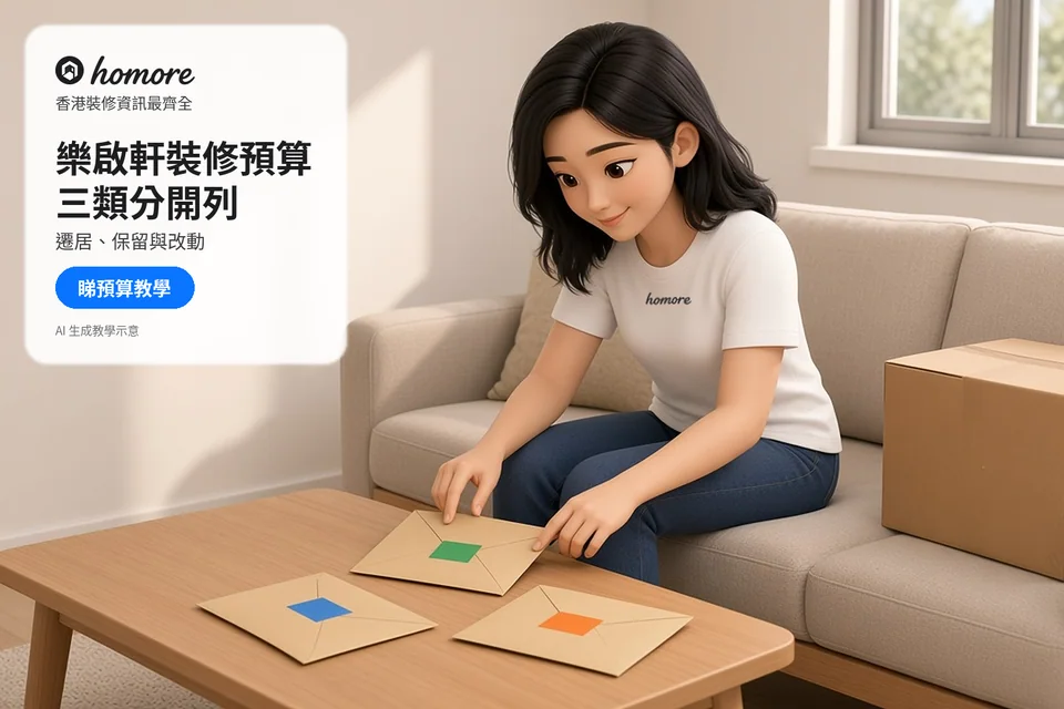 女子以分類信封整理工程預算選項;封面標題:樂啟軒裝修預算,三類分開列
