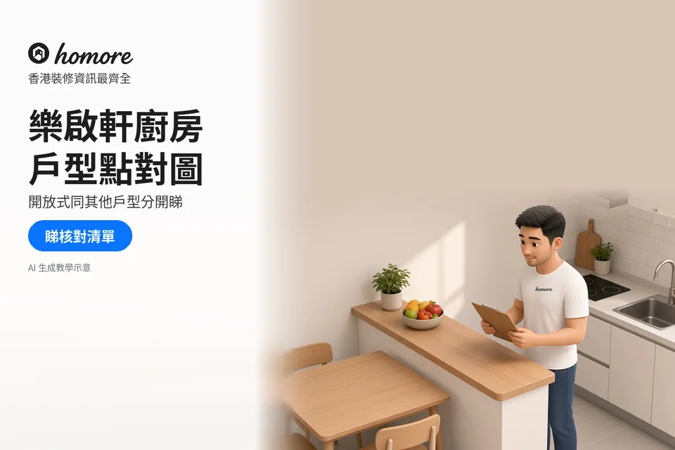 男子用清單查看廚房工作枱與動線;封面標題:樂啟軒廚房,戶型點對圖