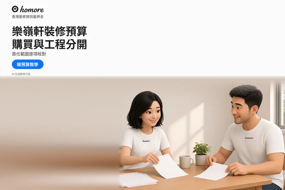 男女在桌邊逐份比較空白工程文件;封面標題:樂嶺軒裝修預算,購買與工程分開