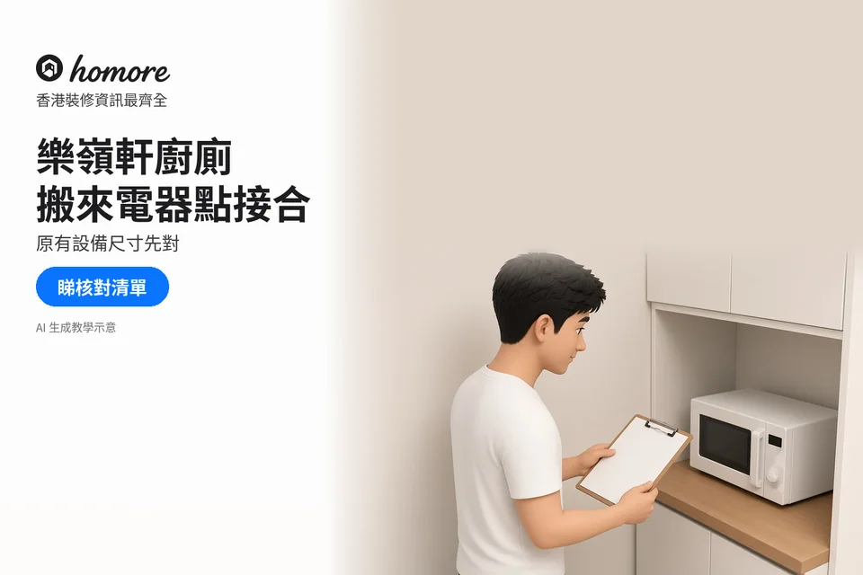 男子核對微波爐旁櫃位與預留空間;封面標題:樂嶺軒廚廁,搬來電器點接合