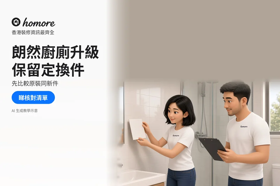 男女在浴室核對瓷磚樣板與清單;封面標題:朗然廚廁升級,保留定換件