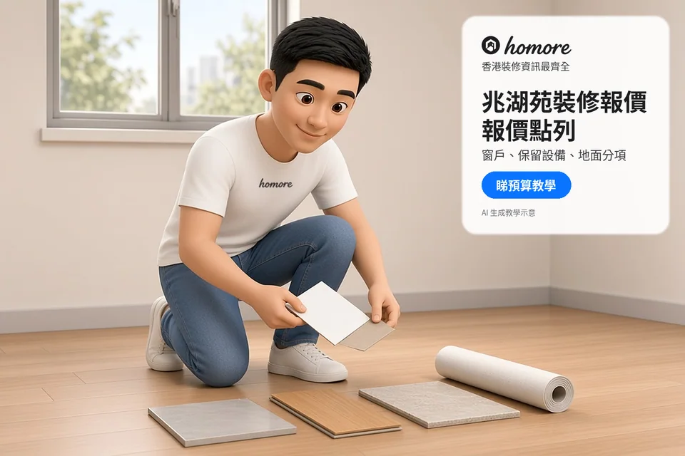 成年住戶比較地磚、木紋及卷裝地板樣本;封面標題:兆湖苑裝修報價,報價點列