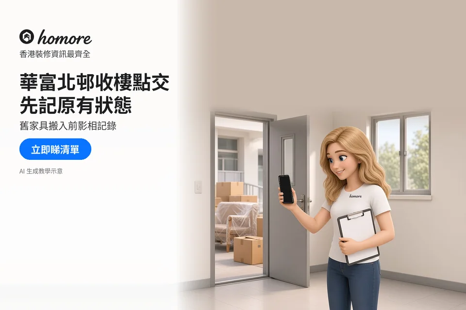 住戶喺單位入口手持黑畫面手機同清單,準備記錄門窗同地面狀況;封面標題:華富北邨收樓點交,先記原有狀態
