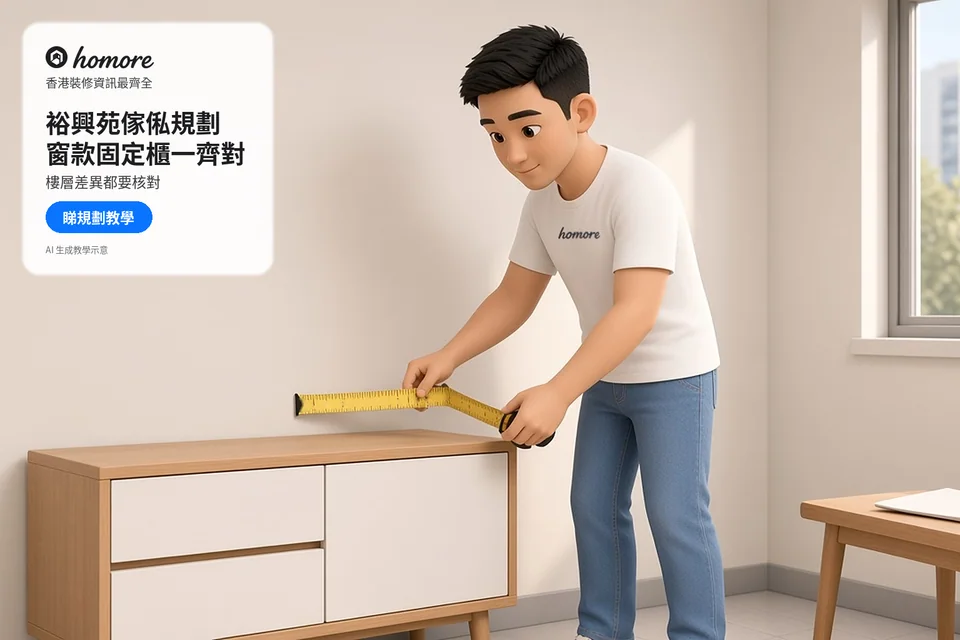 成年住戶手持捲尺核對矮櫃空間;封面標題:裕興苑傢俬規劃,窗款固定櫃一齊對