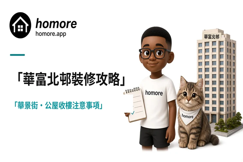 華富北邨裝修攻略插畫:mo仔同品牌貓企喺華富北邨大廈模型前面