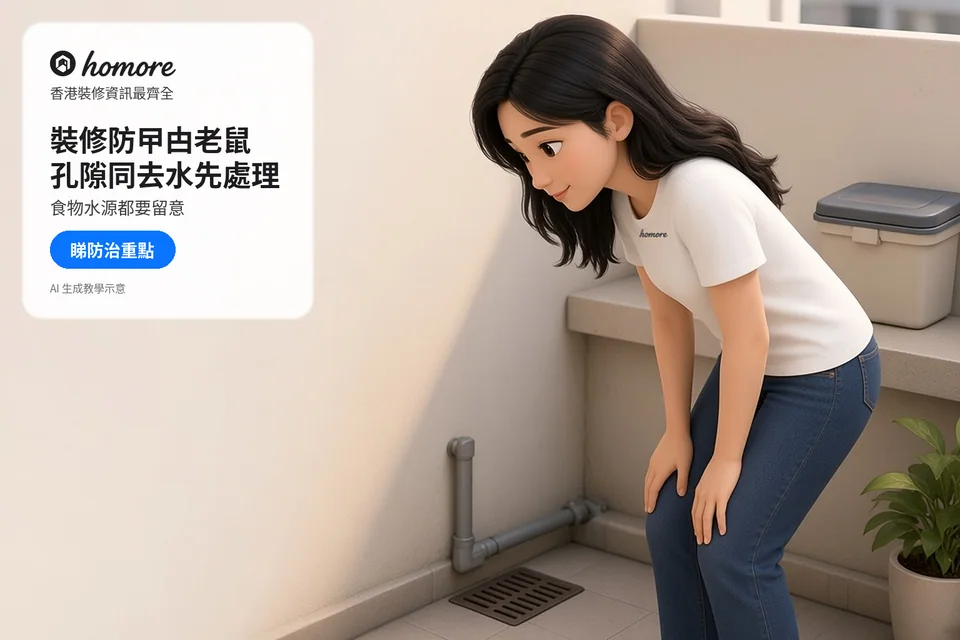 住戶在儲物位置查看地渠與喉管穿牆位置;封面標題:裝修防曱甴老鼠,孔隙同去水先處理