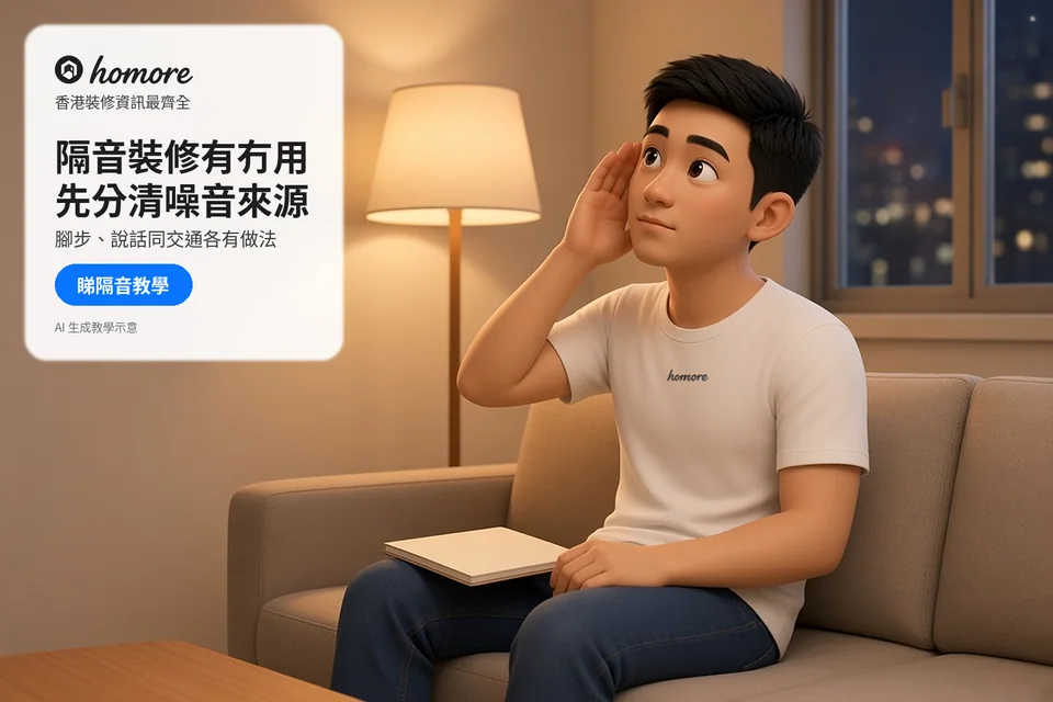住戶在夜間客廳聆聽聲音,記錄窗邊及室內噪音情況;封面標題:隔音裝修有冇用,先分清噪音來源