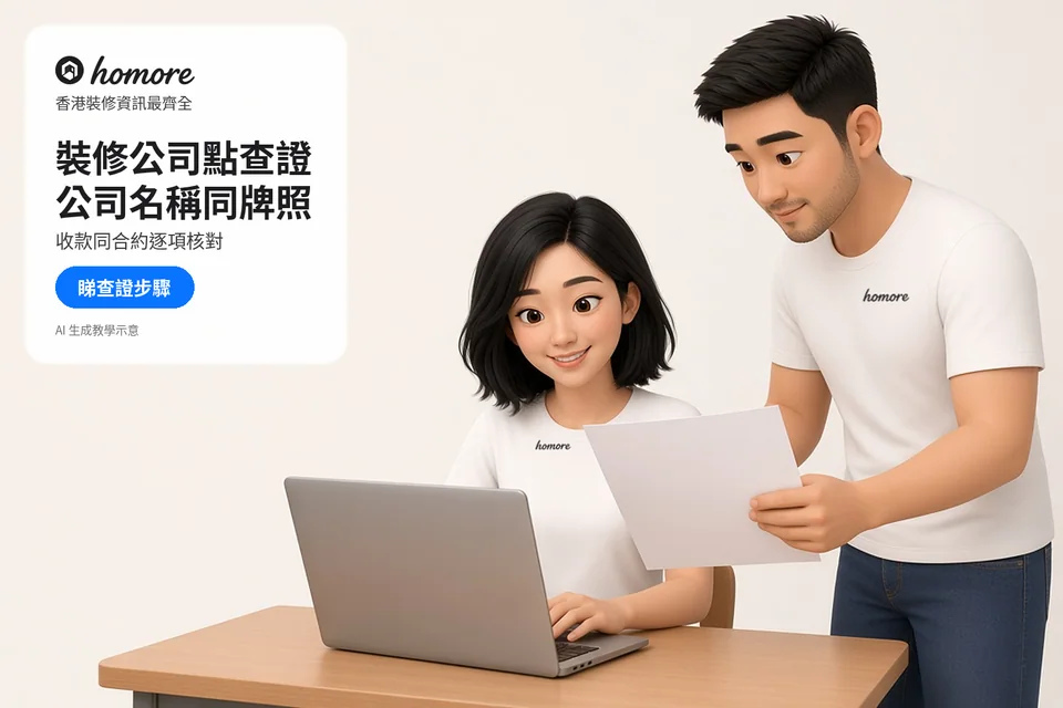 兩位住戶用電腦與文件核對裝修公司資料;封面標題:裝修公司點查證,公司名稱同牌照