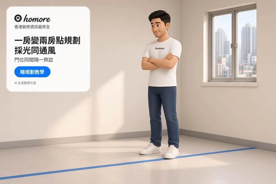 住戶在空房間查看地上藍色膠帶標示的間隔位置;封面標題:一房變兩房點規劃,採光同通風