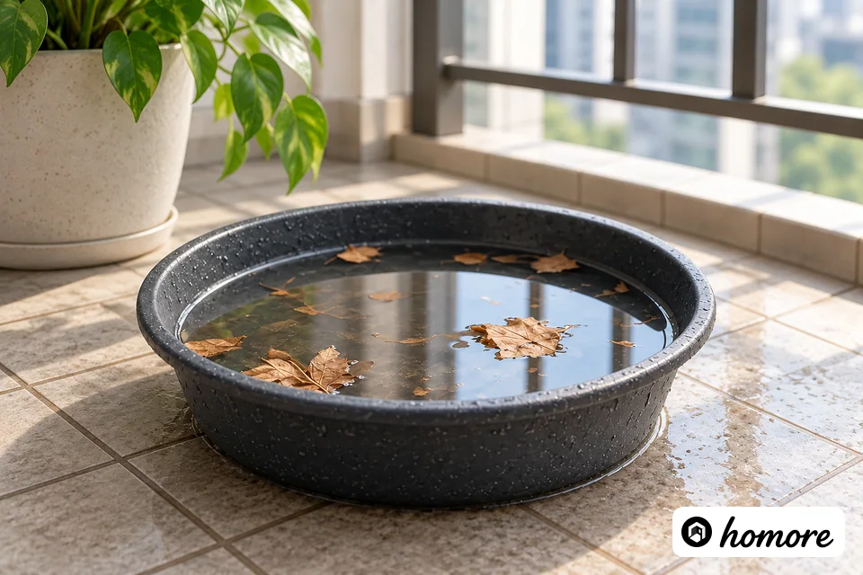 陽台地面托盤內有積水同落葉