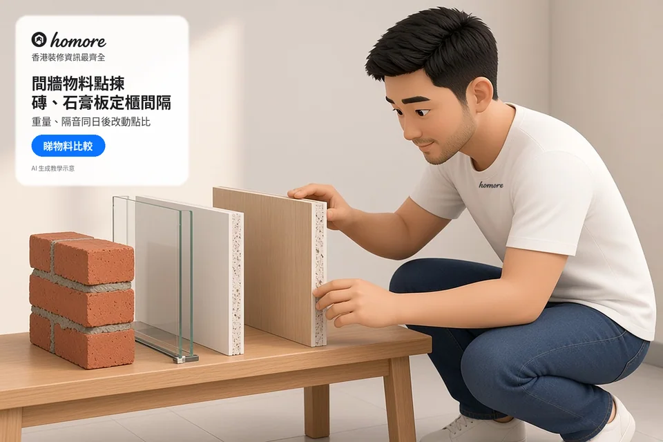 男子比較紅磚、玻璃及板材切面樣本;封面標題:間牆物料點揀,磚、石膏板定櫃間隔