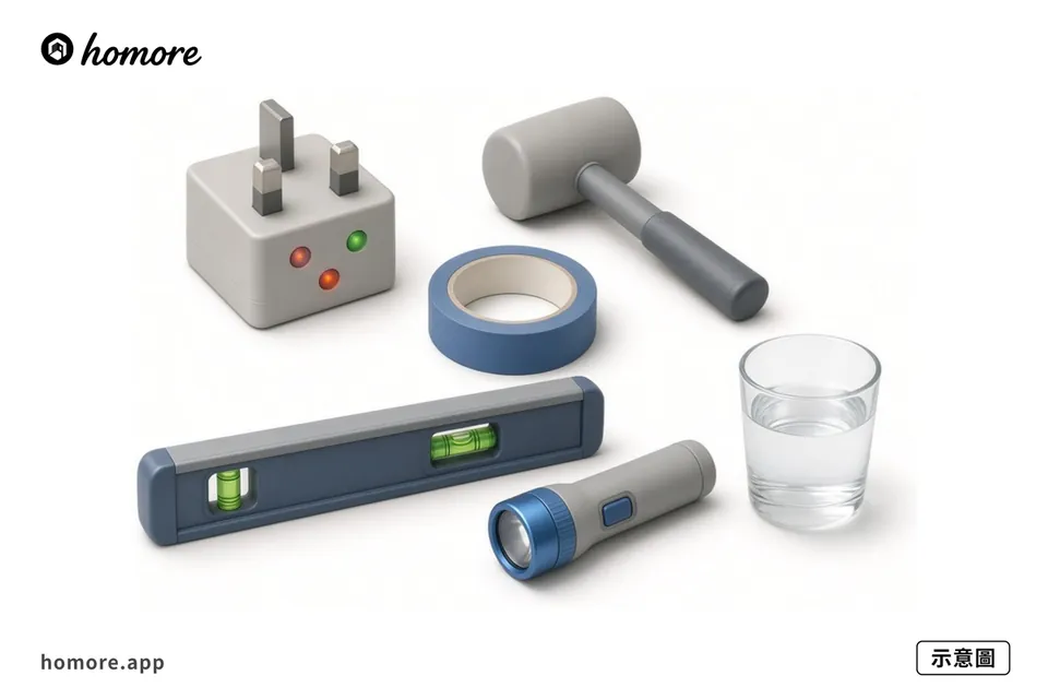 示意圖：插蘇測試器、膠錘、藍色膠紙、水平尺、電筒同一杯清水排列