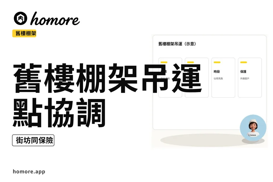 示意圖:舊樓棚架同吊運點協調:街坊同保險