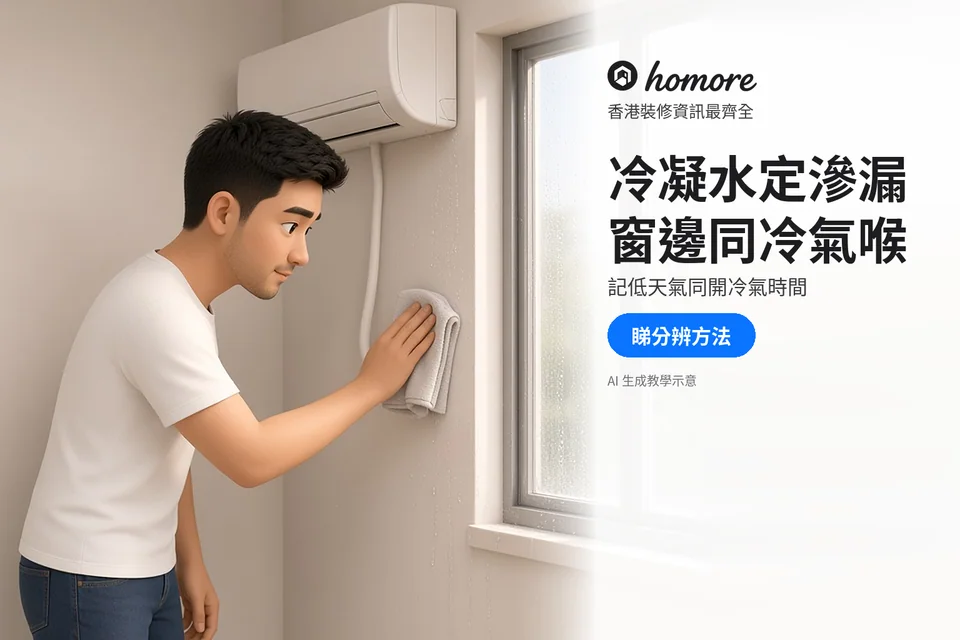 住戶在冷氣旁用布查看窗邊水珠及牆面潮濕位置;封面標題:冷凝水定滲漏,窗邊同冷氣喉