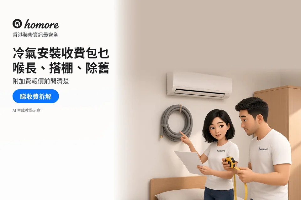 香港冷氣安裝收費價錢表與附加費核對圖:比較標準安裝包幾多呎雪種銅喉、抽真空、不鏽鋼支架、高空搭棚及拆舊機收費