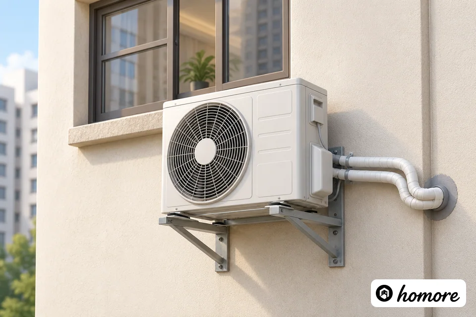 大廈外牆分體式冷氣室外機安裝示意:核對屋宇署小型工程外牆支架申報、搭棚費用及超長雪種喉每呎收費