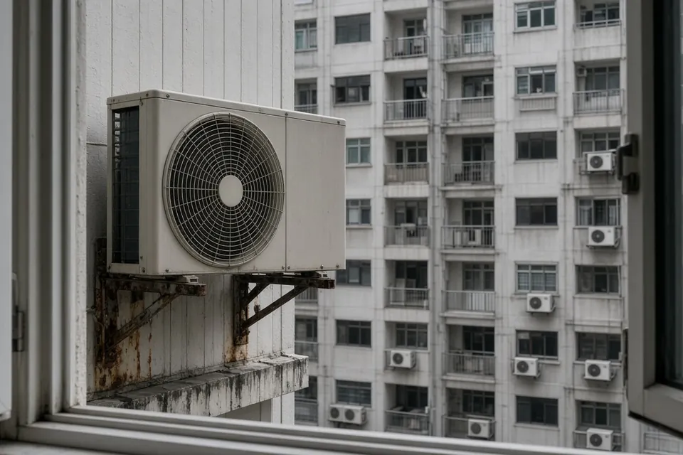 外牆金屬支架上嘅冷氣室外機,支架有少少銹跡