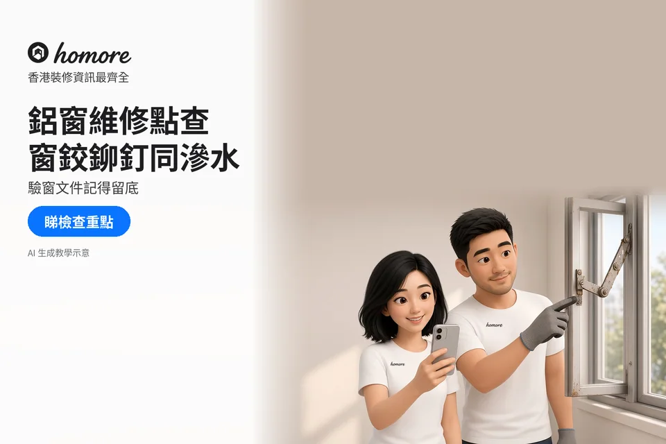 住戶拍攝鋁窗鉸鏈,戴手套的檢查者指示鏽蝕位置;封面標題:鋁窗維修點查,窗鉸鉚釘同滲水
