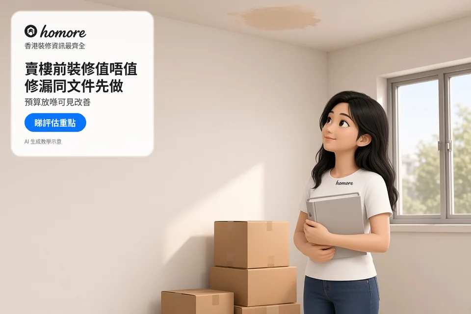 住戶在搬屋紙箱旁查看天花水漬,評估賣樓前維修需要;封面標題:賣樓前裝修值唔值,修漏同文件先做