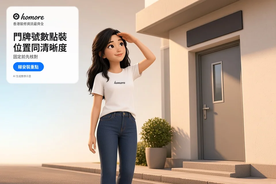 住戶在入口前查看沒有標示文字的門牌位置;封面標題:門牌號數點裝,位置同清晰度